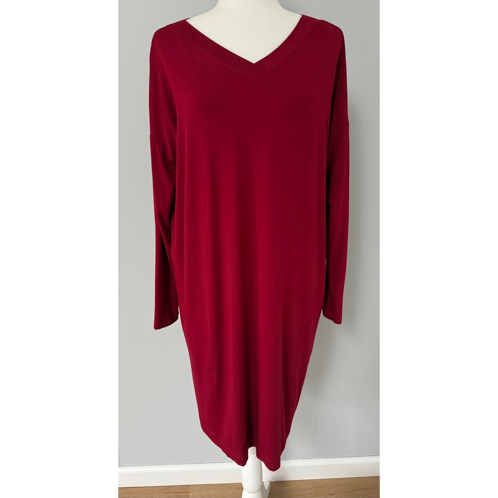 Eileen‎ Fisher Women's V-Neck Long Sleeve Jersey Boxy Fit Burgundy Dress Size S